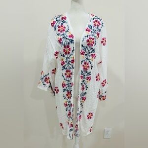 Kindred Boho Floral Embroidered Kimono Coverup White Open Front Size‎ 2X